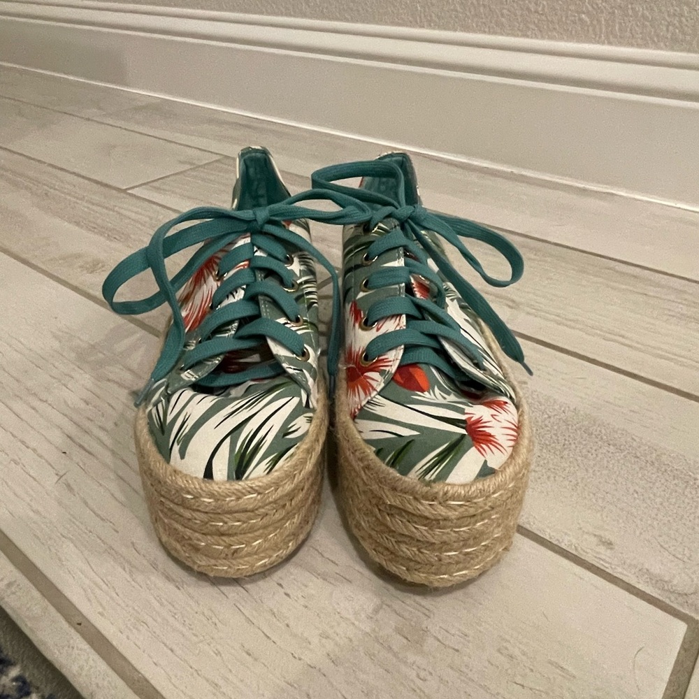 Vintage Havana Green Floral/Tropical Espadrille Platform Sneakers - size 8.5 - Picture 4 of 7